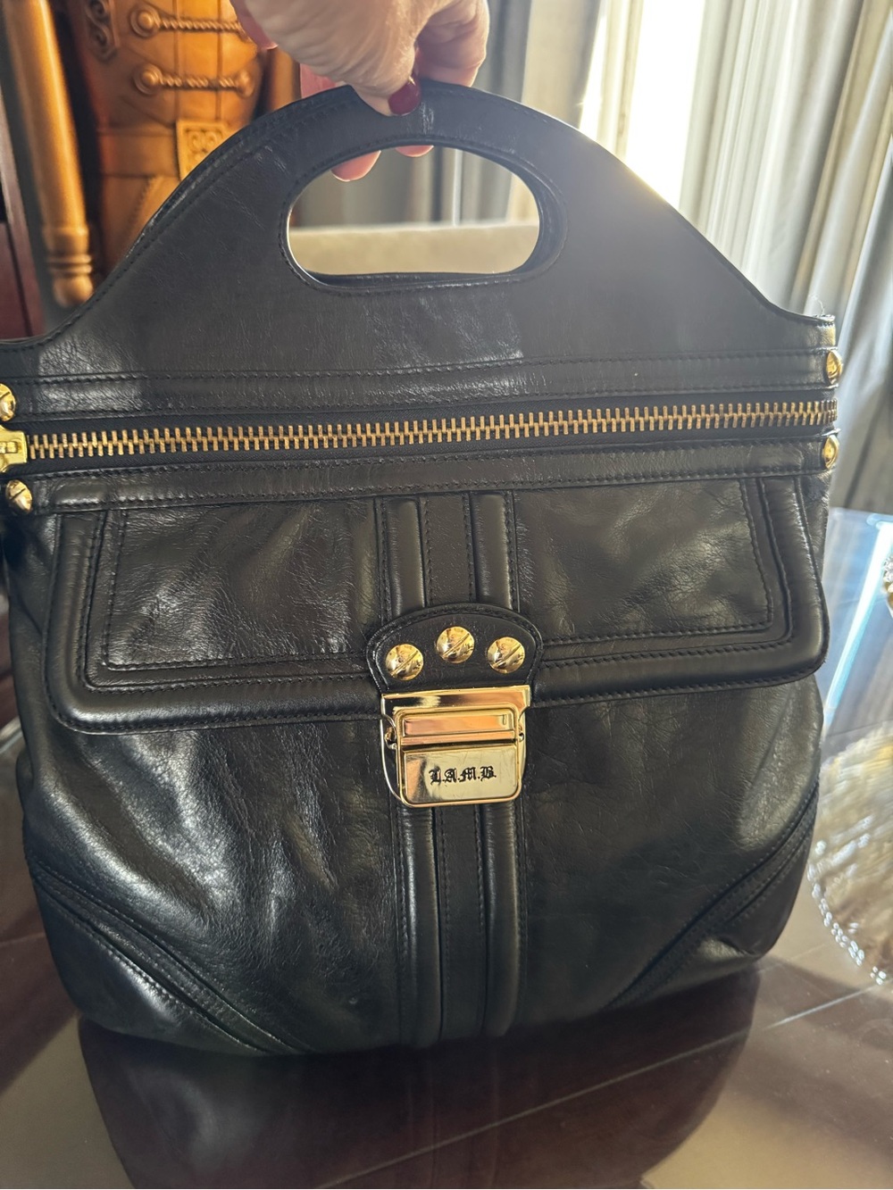 L.A.M.B. Black Leather Top-Handle purse. Detachable strap   with Gold Hardware